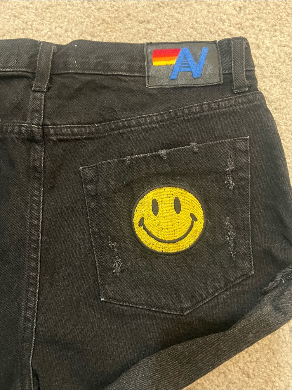Aviator Nation Keep Smiling Mid Rise Smiley Face Jean Denim Shorts Vintage Black - Picture 11 of 13